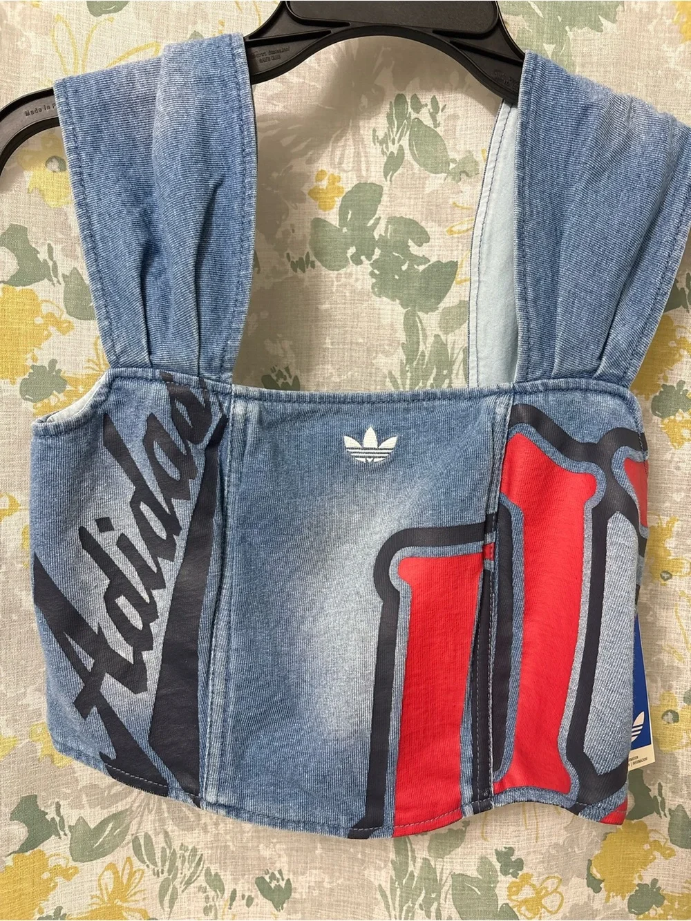 adidas Light Blue Denim Crop Top with Red & Navy Graphics - Picture 1 of 2